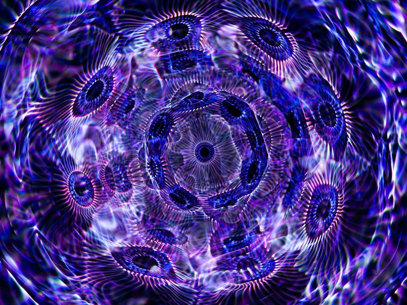 A dynamic, colorful abstract pattern with geometric and kaleidoscope effects in vibrant purples and blues.